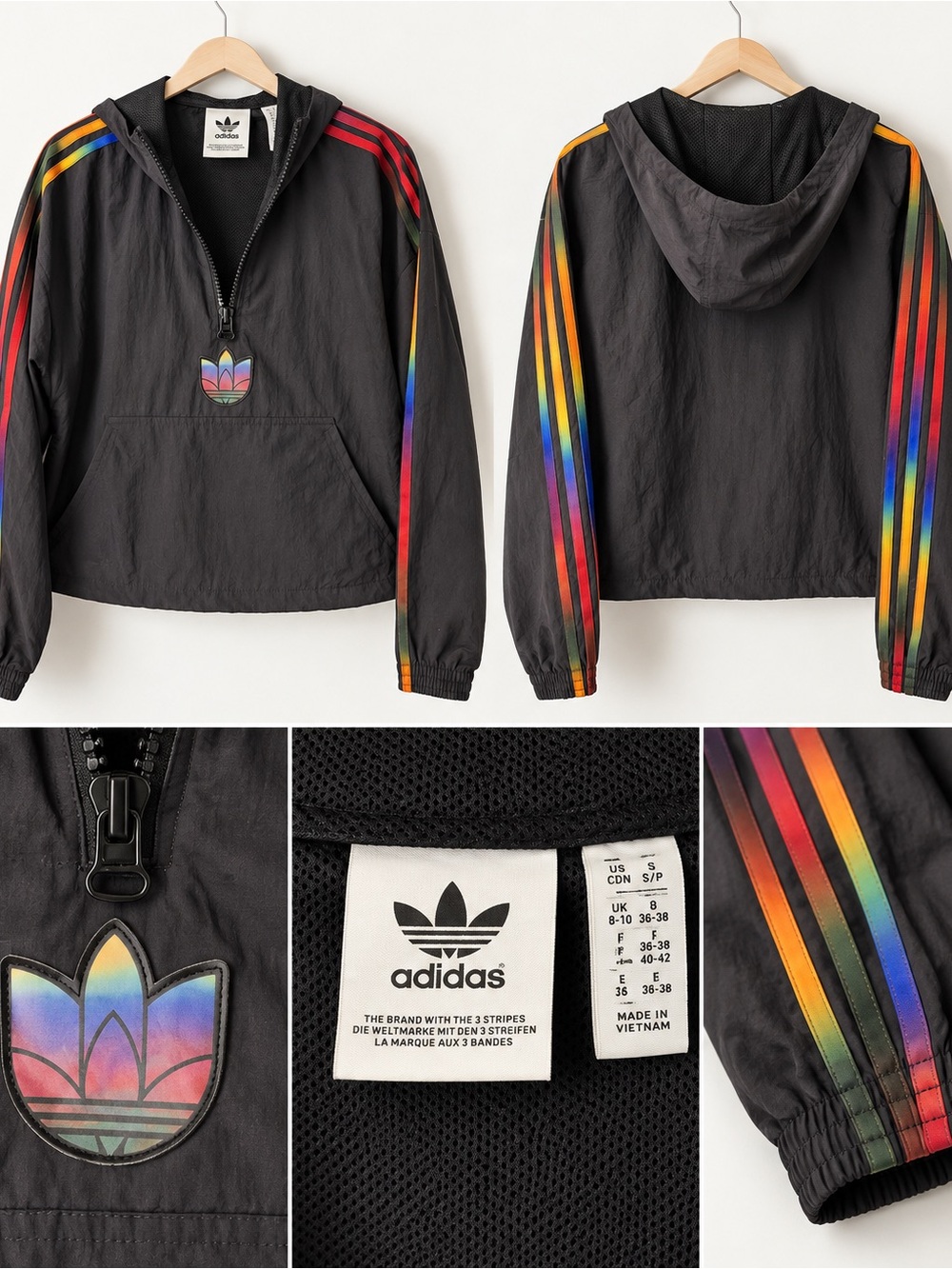 adidas Black Hooded Windbreaker with Rainbow Stripes, Cynch Waist